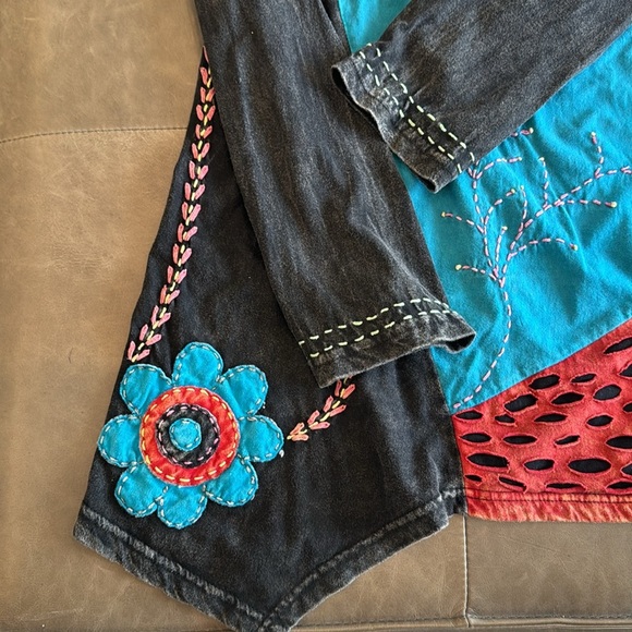 Boho Nepalese Embroidered Floral Black Multicolored Cotton Mini Dress Size Small - Picture 10 of 10